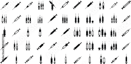 Syringe silhouette collection, medical injection icons, vaccination and healthcare equipment illustrations for clinics, pharmaceutical design, sterile tool vector set