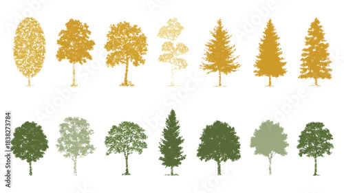 Minimal style CAD tree line drawing featuring side view silhouettes and detailed tree sketches, vector graphic elements for architecture, landscape design