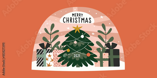 Festive christmas scene with a tree gifts and a merry holiday greeting