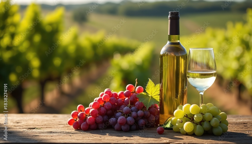 Obraz premium White wine bottle and glass sit on a wooden table with red and green grapes. Blurred vineyard rows stretch into the background under sunlight. Represents refreshment and natural beauty.