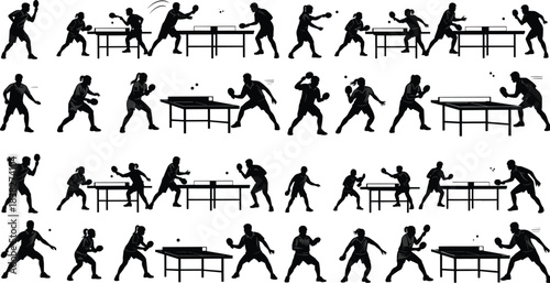 Table tennis silhouette collection, dynamic ping pong player action poses with table scenes, competitive sport movements for training, coaching, vector design set