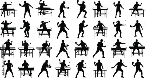 Table tennis silhouette collection, dynamic ping pong player poses with tables, competitive sport movements for coaching, training, action design, vector set