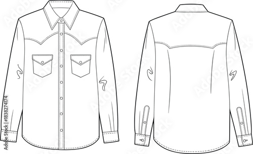 Classic western-style shirt fashion flat sketch featuring pointed yokes, flap chest pockets, long sleeves, and detailed front and back technical illustration for apparel design.