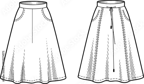 A-line skirt fashion flat sketch featuring front pockets, drawstring waistband variation, panel details, and clean technical illustration showing front and back apparel views.A-line skirt 