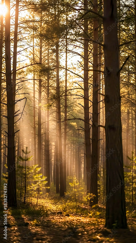 Fototapeta premium Sunlight filtering through trees in a serene forest landscape 