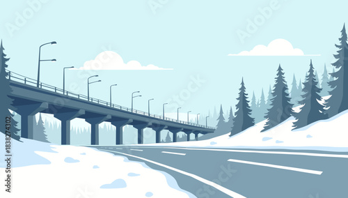 A winter overpass curving through pine woods with soft daylight, highway exit ramp in snow