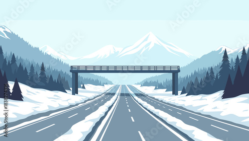 A winter highway leading toward distant mountains under clear sky with pine forests, highway exit ramp in snow