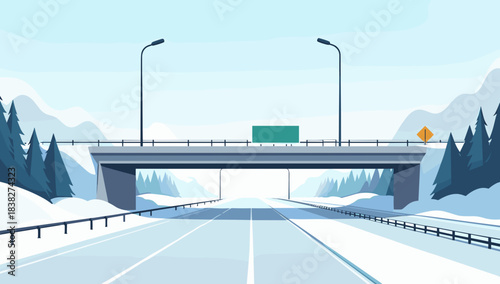 A bright winter freeway passing under concrete bridge, highway exit ramp in snow
