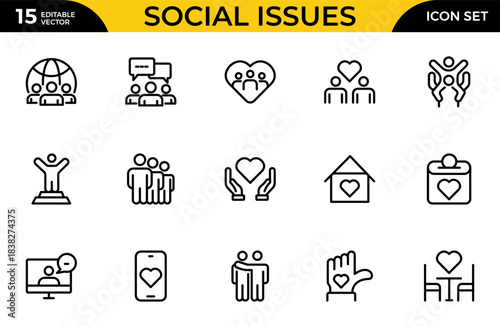 Social Issues Icon Set. Thought-provoking and impactful icons designed to raise awareness and promote engagement. Thin outline icons pack. Vector illustration