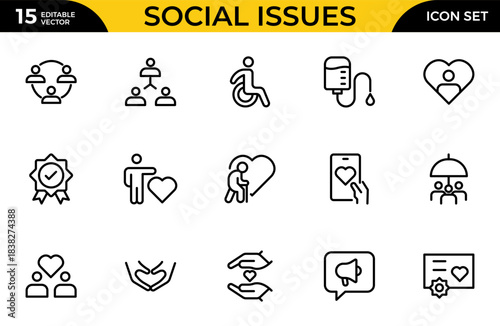 Social Issues Icon Set. Thought-provoking and impactful icons designed to raise awareness and promote engagement. Thin outline icons pack. Vector illustration