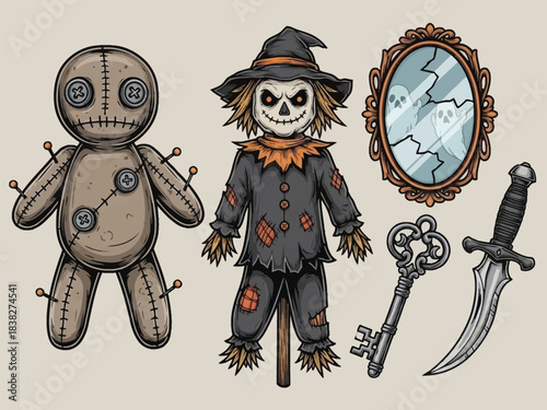 Spooky Halloween icons voodoo doll scarecrow cracked mirror key dagger