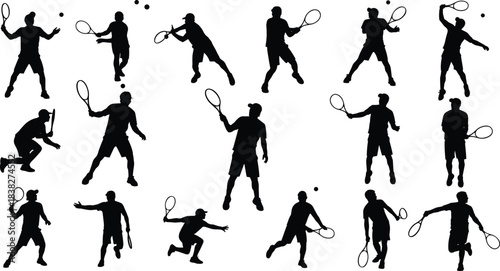 Tennis player silhouette collection, dynamic action poses with racket and ball, competitive sport illustrations for training, fitness, coaching, vector design set