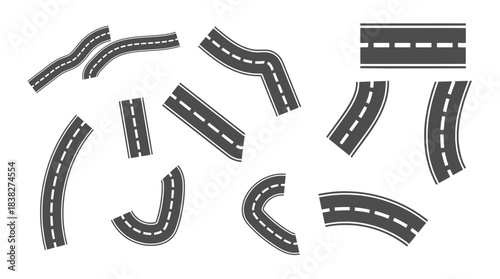 Road path vector set with curved highway designs, modular street graphics, and directional route patterns