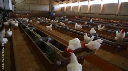 A view of a chicken farm where many chickens are eating at their feed lines inside the building Stock Video