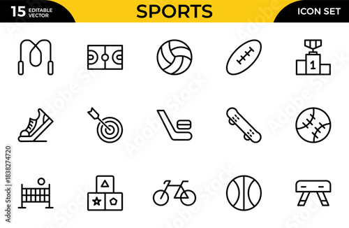 Sports Icons vector illustration with thin line contain medal, football, basketball, cycling, athlete, racket, table tennis, sparing, cardio, gym, weight. Thin outline icons pack. Vector illustration