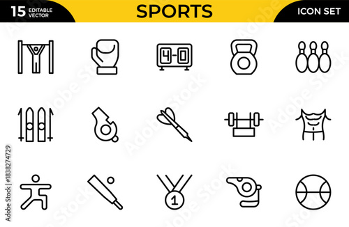 Sports Icons vector illustration with thin line contain medal, football, basketball, cycling, athlete, racket, table tennis, sparing, cardio, gym, weight. Thin outline icons pack. Vector illustration