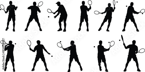 Tennis player silhouette collection, dynamic racket poses with ball interaction, action sport movements for training, coaching materials, competition scenes, vector set