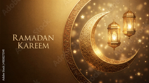 Happy ramadan kareem golden crescent moon with intricate pattern background