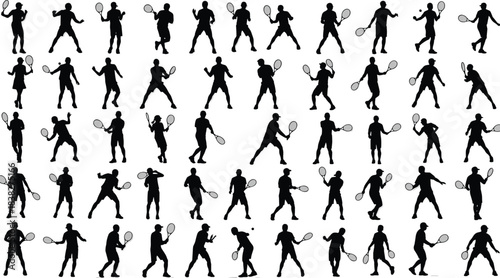 Tennis player silhouette collection, dynamic racket sport poses, action movement illustrations for coaching, fitness, competition scenes, training design vector set