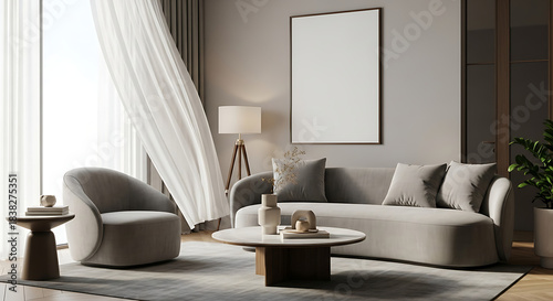 Cozy living room interior with blank frame mockup and modern furniture