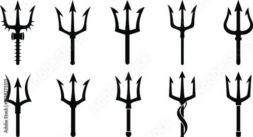Trident silhouette collection, Neptune and Poseidon spear icons, mythological weapon designs for fantasy themes, heraldry, logos, decorative vector set