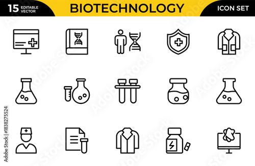 Biotechnology line icon set. Includes icons for scientific, innovation, scientist, experiment, microscope, interaction, science. Thin outline icons pack. Vector illustration