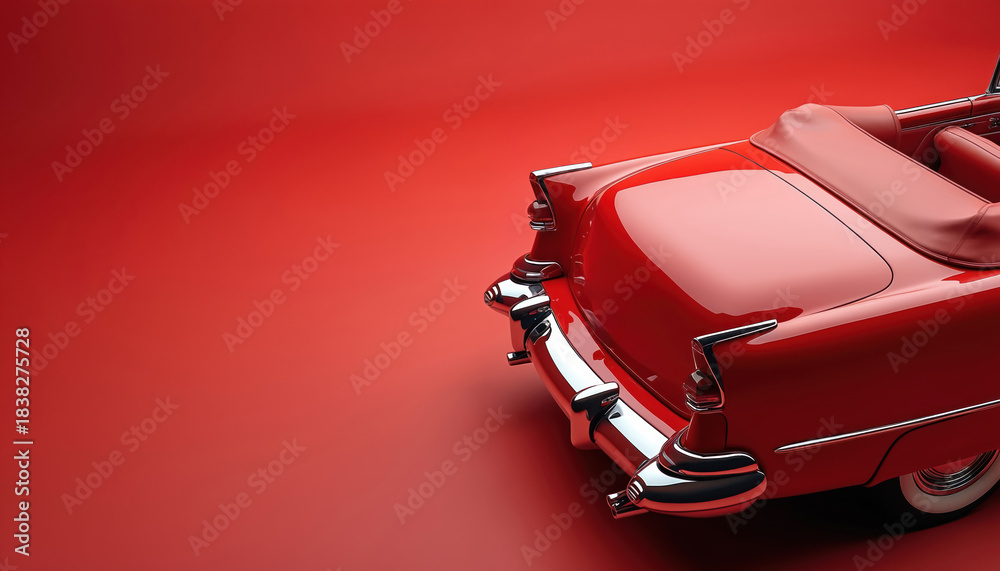 Naklejka premium Red retro convertible car rear view. Classic automobile with chrome details on plain red background. Luxury vehicle, automotive design element.