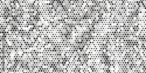 Hexagon halftone gradient texture. Abstract black grunge background. Geometric retro halftone tech wallpaper. Fading wavy hexagonal pattern backdrop. Vector vanishing honeycomb grunge bitmap overlay