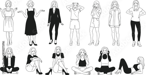 Vector illustrations of women in various standing and sitting poses, fashion character collection set for lifestyle design, modern apparel, casual concepts