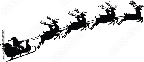 Silhouette illustration of Santa Claus riding a sleigh pulled by reindeer, perfect for Christmas designs, holiday decorations, festive graphics, and seasonal artwork.