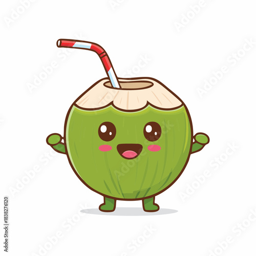 Happy green coconut character with a striped straw, flat vector illustration