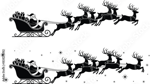 Silhouette illustrations of Santa Claus in sleigh with reindeer, featuring flying poses, holiday elements, stars, and festive Christmas graphics for seasonal design projects.