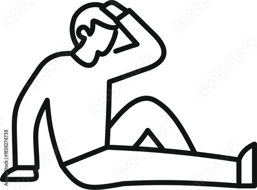 Line drawing of a stressed man sitting on the floor, holding his head with his hand, feeling frustrated and desperate