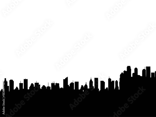 A minimalist black silhouette of a city skyline with various buildings and skyscrapers against a stark white background, representing an urban landscape.