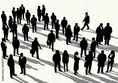 A high-angle view of a large crowd of silhouetted people standing and walking, with one person moving in an opposite direction, casting long shadows.