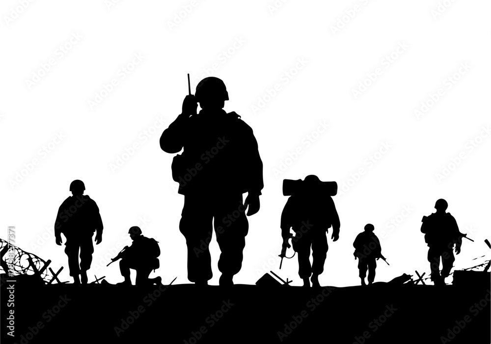 Obraz premium Silhouetted Soldiers Marching On The Battlefield Representing Military Power and Strategy