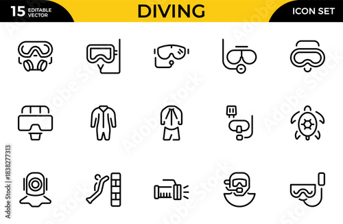 Diving line icon set. Related to dive, pool, swimwear, swimmer and more. Set of line pictogram. Swimming simple icon set. Thin outline icons pack. Vector illustration