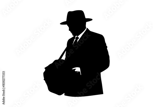 Black silhouette of a man in a fedora hat and suit carrying a duffel bag.