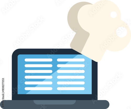 Laptop showing online menu with chef hat representing online cooking course, online cooking classes concept