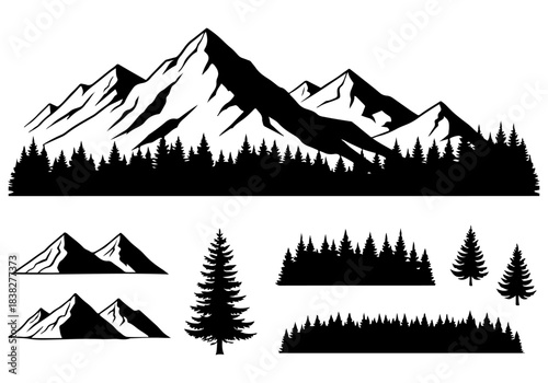 Vector Illustration of Majestic Mountains and Forest Silhouettes for Nature and Outdoor Themes