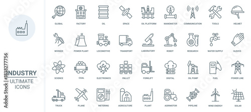 Industry thin line icons set vector illustration. Outline oil and gas energy production, chemical manufacture and refinery factory, agriculture transport and solar panel, global laboratory research