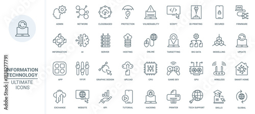 Data technology, information thin line icons set vector illustration. Outline digital protection and online network, 3d printing and modeling, smart home and interface symbols for mobile apps