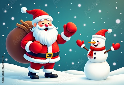 Cartoon Santa boxing snowman, funny and cheerful holiday card