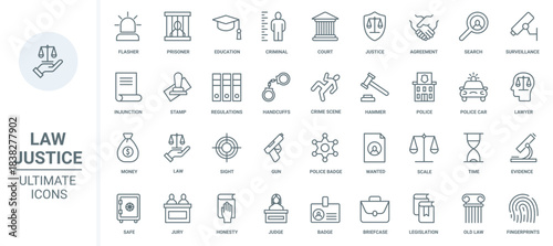 Law and justice thin line icons set vector illustration. Abstract outline legal system badges and symbols, documents for agreement and judgment, judge gavel and injunction, police station and prison