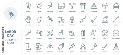 Workers tools in industry thin black line icons set vector illustration. Outline paint brush and wrench, saw and shovel from mechanical repair toolbox, construction crane and drill, road barrier