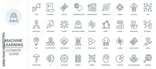 Machine learning, data analysis thin line icons set vector illustration. Outline algorithms and automatic smart processes of AI communication, circuit in digital robot brain, future technology