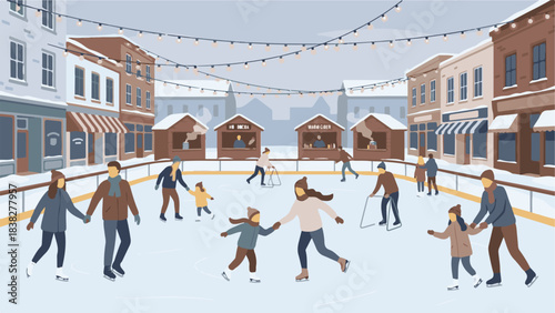 Festive winter scene with people ice skating in a charming town square
