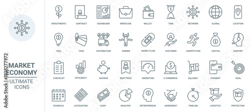 Finance and budget, economy, financial investment and savings thin line icons set vector illustration. Abstract outline collection with bank accounting and chart report, distribution and contract