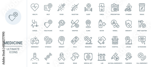 Medicine, healthcare thin line icons set vector illustration. Outline hospital equipment, medical care and help by doctor, herbal drugs therapy, pills and vitamins prescription from pharmacy