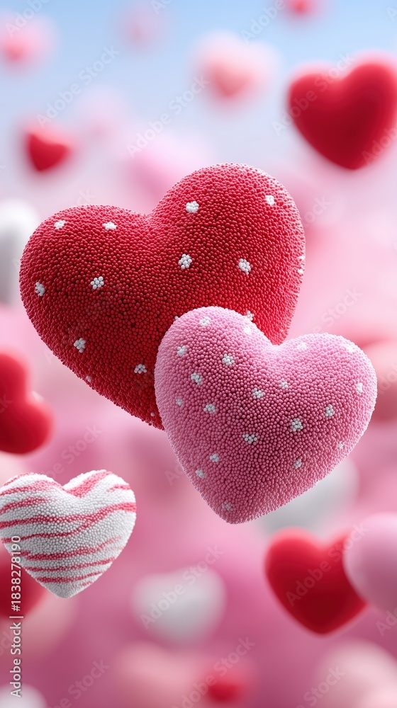 Obraz premium Textured red and pink hearts with sprinkles, surrounded by soft bokeh hearts, symbolizing love and romance